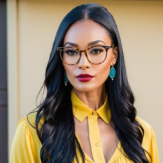 A 40 year old half Native American, half Black woman, wearing large cat-eye glasses, has a long nose, black hair, and wearing a yellow blouse