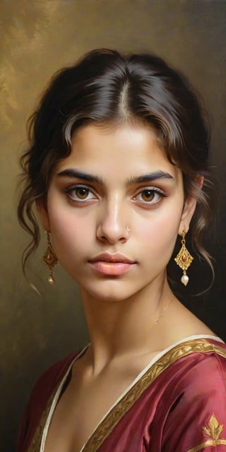 An oil painting in the style of John Singer Sargent and a print by Ivana Besevic, the lighting style of Rembrandt. A beautiful portrait of a 20-year-old Indian girl. A detailed, beautiful, girlish face. Narrow nose, beautiful, large eyes and full lips