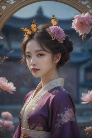 A girl, wearing deep purple hanfu, peony garden, butterfly, (negative space:1.4), fusion of art nouveau styles with gongbi painting, gold and white and red hue, Mucha style, (Cinematic lighting, ethereal light, intricate details, extremely detailed, incredible details, full colored), complex details, hyper maximalist, gorgeous light and shadow, detailed decoration, detailed lines. masterpiece, best quality, HDR, UHD, unreal engine. looking at the camera, fair skin, beautiful face,Colors
