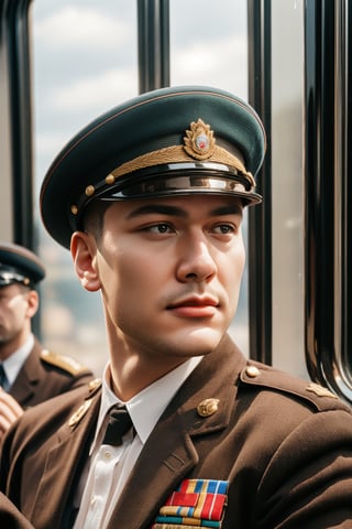 close up shot, solo, 1boy, male focus, young, handsome, full lips, WW2 soldier cap, ground vehicle, realistic, train interior, looking through the train window, 1940s style setting, (high detailed skin:1.4), 1940s soldier uniform, 4k ultra hd, smooth picture, noise-free realism, sigma 85mm f/1.4,photorealistic