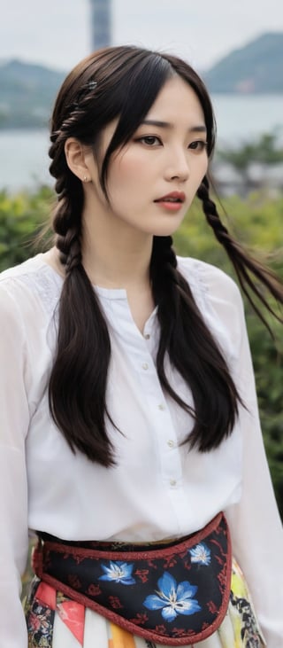 Generates a surreal image of a Taiwanese woman with long brown-black hair, braided into a braid, standing outdoors during the day.  She has a pair of black eyes and looks at the audience with her mouth closed.  She wore a long-sleeved white shirt with a funky print, paired with a white skirt.  She wore her hair loose around her shoulders and wore earrings, a bracelet and a shoulder bag, b3rli.,sexylala49407520