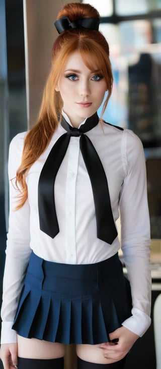 Generate hyper realistic image of a woman with long, flowing orange hair tied up in a high ponytail with a black ribbon. She has a youthful face with 
expressive blue eyes and a confident smile. Her makeup is subtle, highlighting her natural features. She is wearing a form-fitting black sleeveless top with a high collar and a white detail at the chest, resembling a tuxedo front. The top has a buttoned design that accentuates her figure and a short, pink pleated skirt that contrasts with her black top. She is wearing black stockings that emphasize her long legs and black high-heeled shoes. 