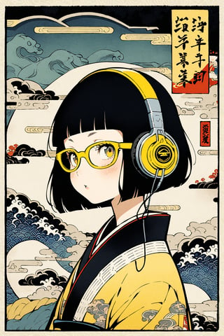 (super very black short hair:1.3), blunt bangs, (((yellow glasses:1.5))), (headphones:1.3), 
ukiyoe art, 1girl, eyelashes, blush, full_body