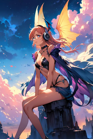 ((top-quality)), ((​masterpiece)), ((ultra-detailliert)), (extremely delicate and beautiful), detailed background, 1girl, solo,  (((yellow under-rimmed glasses:1.3))), (headphones:1.0),alluring succubus, ethereal beauty, perched on a cloud, (fantasy illustration:1.3), enchanting gaze, captivating pose, delicate wings, otherworldly charm, mystical sky, (Luis Royo:1.2), (Yoshitaka Amano:1.1), moonlit night, soft colors, (detailed cloudscape:1.3), (high-resolution:1.2)