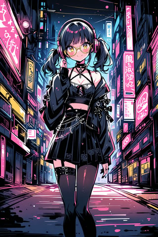 extremely detailed fine touch, 2D, girl, solo, very short black twintails hair, (((yellow underrim glasses:1.3))), (headphones:1.2), blush, smile, standing on the road, perfect anatomy, in the urban area, tokyo (city), at night, neon lights on the background, eyelashes, clavicle, cleavage, midriff, wearing the jirai-kei pink fashion, black mask, black leggings, black boots, high-detailed skin,jirai kei, black skirt,