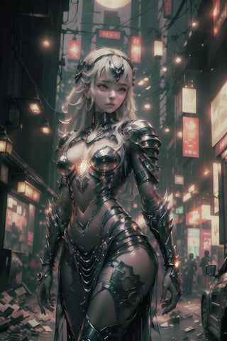 Sexy Pose, (masterpiece+best quality),(solo), 1 Japanese Girl, white hair , (high sexual attraction,long hair), in the dark night, (wearing sexy black transparent plastic Indian dress + body implants) , moon , highly detailed background of ancient Indian achitechture+with neon lights ,ink,Cyberpunk,Enhance,Armor