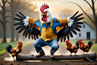 An ultra-high-definition macro shot of a crazy old farmer wearing a rooster costume. Crouched on a log flapping his wings and sceaming loudly, waking up the chickens. The chickens scamper in panic as they run around. The overall insanity and hilarious spectical of the image is intense and adrenalin fuelled. Capture the rediculousness of this early morning sunrise wake-up., , in the style of esao andrews