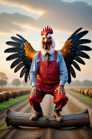 An ultra-high-definition macro shot of a crazy old farmer wearing a rooster costume. Crouched on a log flapping his wings and sceaming loudly, waking up the chickens. The chickens scamper in panic as they run around. The overall insanity and hilarious spectical of the image is intense and adrenalin fuelled. Capture the rediculousness of this early morning sunrise wake-up., , in the style of esao andrews