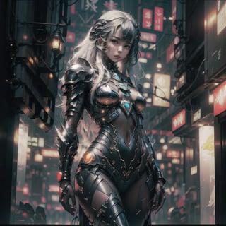 Sexy Pose, (masterpiece+best quality),(solo), 1 Japanese Girl, white hair , (high sexual attraction,long hair), in the dark night, (wearing sexy black transparent plastic Indian dress + body implants) , moon , highly detailed background of ancient Indian achitechture+with neon lights ,ink,Cyberpunk,Enhance,Armor