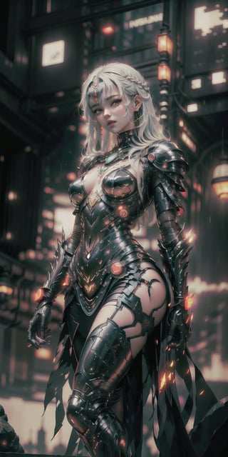 Sexy Pose, (masterpiece+best quality),(solo), 1 Japanese Girl, white hair , (high sexual attraction,long hair), in the dark night, (wearing sexy black transparent plastic Indian dress + body implants) , moon , highly detailed background of ancient Indian achitechture+with neon lights ,ink,Cyberpunk,Enhance,Armor