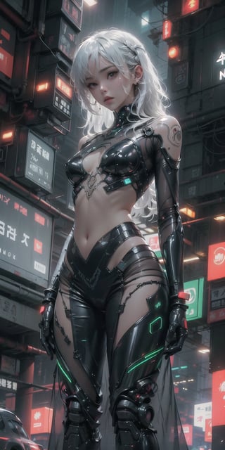 Sexy Pose, (masterpiece+best quality),(solo), 1 Japanese Girl, white hair , (high sexual attraction,long hair), in the dark night, (wearing sexy black transparent plastic Indian dress + body implants) , moon , highly detailed background of ancient Indian achitechture+with neon lights ,ink,Cyberpunk,Enhance