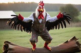 An ultra-high-definition macro shot of a crazy old farmer wearing a rooster costume. Crouched on a log flapping his wings and sceaming loudly, waking up the chickens. The chickens scamper in panic as they run around. The overall insanity and hilarious spectical of the image is intense and adrenalin fuelled. Capture the rediculousness of this early morning sunrise wake-up.