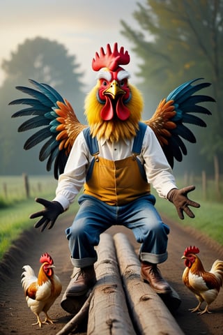 An ultra-high-definition macro shot of a crazy old farmer wearing a rooster costume. Crouched on a log flapping his wings and sceaming loudly, waking up the chickens. The chickens scamper in panic as they run around. The overall insanity and hilarious spectical of the image is intense and adrenalin fuelled. Capture the rediculousness of this early morning sunrise wake-up., , in the style of esao andrews