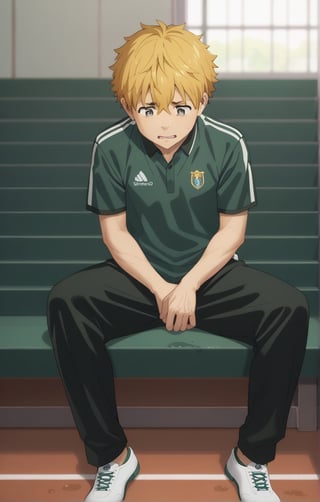 score_9, score_8_up, score_7_up, masterpiece, best quality, amazing quality, best aesthetic, cute, 18 years old, solo, solo focus, shivering, AKIHIKO NIREI, blonde hair, brown eyes, faceless, full body, male focus, soccer uniform , freckles, school yard, standing, shirt lift, wet body, sit, chest exposed