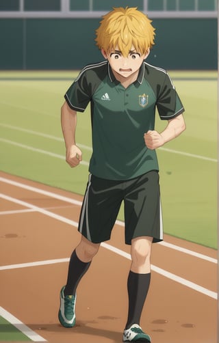 score_9, score_8_up, score_7_up, masterpiece, best quality, amazing quality, best aesthetic, cute, 18 years old, solo, solo focus, shivering, AKIHIKO NIREI, blonde hair, brown eyes, faceless, full body, male focus, soccer uniform , freckles, school yard, standing, shirt lift, wet body, running, chest exposed