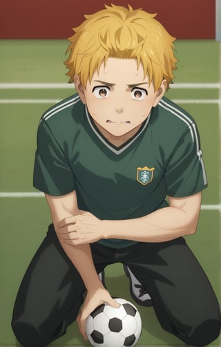 score_9, score_8_up, score_7_up, masterpiece, best quality, amazing quality, best aesthetic, cute, 18 years old, solo, solo focus, shivering, AKIHIKO NIREI, blonde hair, brown eyes, faceless, full body, male focus, soccer uniform , freckles, school yard, standing, shirt lift, wet body, sit, chest exposed