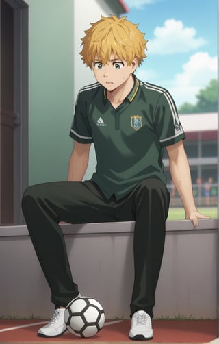 score_9, score_8_up, score_7_up, masterpiece, best quality, amazing quality, best aesthetic, cute, 18 years old, solo, solo focus, shivering, AKIHIKO NIREI, blonde hair, brown eyes, faceless, full body, male focus, soccer uniform , freckles, school yard, standing, shirt lift, wet body, sit, chest exposed