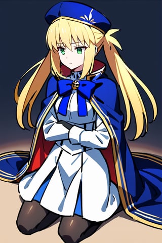 1 girl, alone, Artoria from fate, blonde hair, long hair, green eyes, two pigtails, white shirt, blue beret, white skirt, blue cape, blue ribbon, black gloves, pantyhose, blue boots, pouting,more detail XL