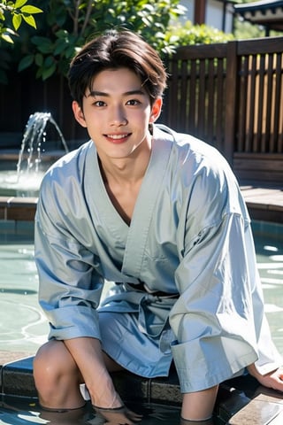 score_9, score_8_up, score_7_up,  1boy,  handsome 20yo, Asian boy, black hair, darkblue eyes, open sleeve kimono, flushed, blushed, smile  japanese, realistic, hot spring.