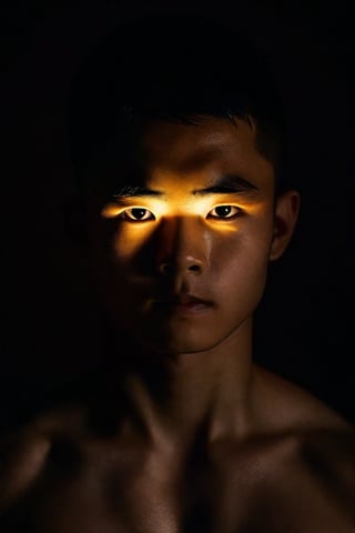 A mysterious Japanese muscular boy with short hair gazes softly into the camera lens, his features illuminated by a subtle golden glow against a deep black background. His slender figure is framed by the darkness, his eyes and skin tones standing out in striking contrast.