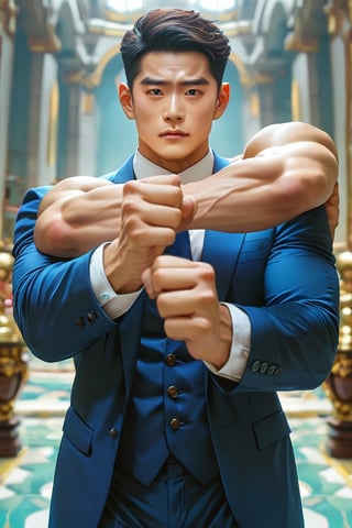 score_9, score_8_up, score_7_up, handsome korean men, smart pose, brave face, 20yo, suit, luxury ornate hall, huge bulge