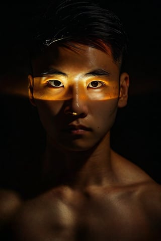 A mysterious Japanese muscular boy with short hair gazes softly into the camera lens, his features illuminated by a subtle golden glow against a deep black background. His slender figure is framed by the darkness, his eyes and skin tones standing out in striking contrast.