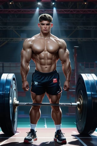 1boy, solo, weightlifter, weighlift barble, High quality, 8k hd, best quality, detailed skin texture, Realistic face, weighlift pose, OLYMPIC nationality weightlift outfit, complicated, 8k ultra hd, high resolution, OLYMPIC weightlift area background, high definition, excellent quality, stunning image, volumetric lighting, detail quality Enhancer.