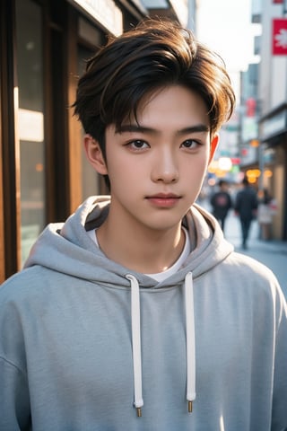 Make a photoshoot portrait of a young Korean boy, blonde hair, 18 years old, cool pose, blue hoodie urban, .smirking.. sunset sky background, blur lens background, Japan Tokyo street background, portrait shot,