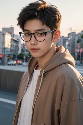 Make a photoshoot portrait of a young Korean boy, brown hair, 18 years old, cool pose, blue hoodie urban, glasses.smirking.. sunset sky background, blur lens background, Japan Tokyo street background, portrait shot,