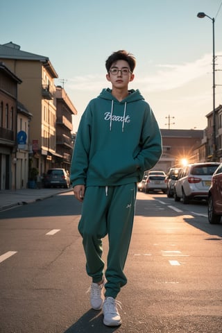 Make a photoshoot portrait of a young Korean man, 18 years old, cool pose, blue hoodie urban, army green jogger pants, white shoes, glasses... sunset sky background, blur lens background, half body shot,