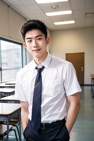 score_9, score_8_up, score_7_up, handsome asian boy, smirking, 20yo, highschool uniform, school short pants, luxury classroom, huge bulge