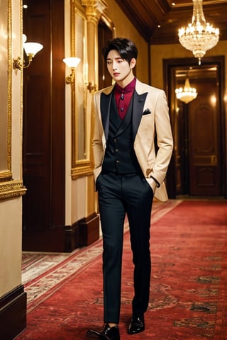 score_9, score_8_up, score_7_up, handsome korean men, 20yo, suit, luxury ornate hall, small_bulge