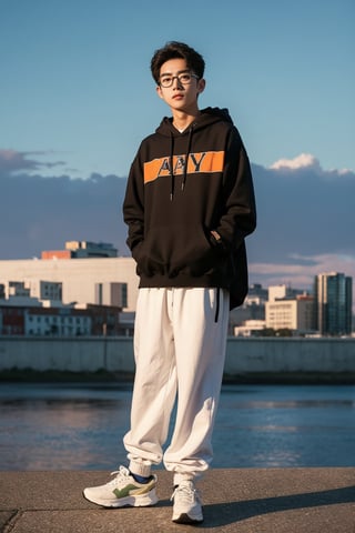 Make a photoshoot portrait of a young Korean man, 18 years old, cool pose, blue hoodie urban, army green jogger pants, white shoes, glasses... sunset sky background, blur lens background, half body shot, portrait shot,