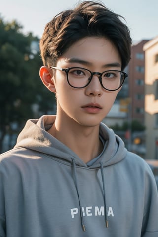 Make a photoshoot portrait of a young Korean man, 18 years old, cool pose, blue hoodie urban, glasses... sunset sky background, blur lens background, portrait shot,