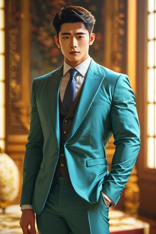 score_9, score_8_up, score_7_up, handsome korean men, 20yo, suit, luxury ornate hall, small_bulge