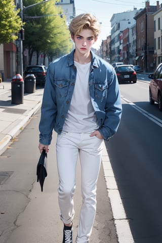 1male,blue eyes, handsome, white shirt,  blue jean jacket, white pants, slender, 17 years old boy, blonde ,Detailedface, realistic skin, pale skin, black shoes, walking, 