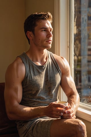 A young muscular man, cradling a steaming coffee cup in his hands, sits by the window, bathed in the warm glow of early morning light. The soft illumination casts a cozy ambiance as he gazes outside, lost in thought.