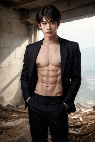 a ((torso-body shot)) of a 17-year-old , Greek god body, a Asian boy with,  brown shade haircut, ((pale skin)), 
he's wearing a black suit and black pants, 
no chest hair, alone, 
realistic, masterpiece, with amazing photography, 8k, HDR, ultra-high resolution, realistic face, realistic body, realistic eyes, highly detailed eyes, perfect young face, ultra-high resolution,8k,Hdr, soft light, perfect face, cinematic light, soft box light, pal colors, unsaturated colors, abandoned_style, photo of perfect eyes, perfect leg,  perfect foot, can see the whole body, sharp focus,  male_only,  smooth, realistic skin,hdsrm, renaissance,Detailedface,telekinesis,