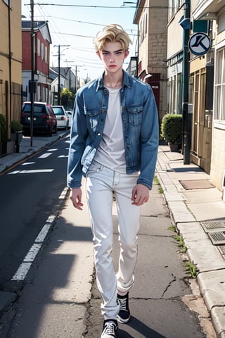 1male,blue eyes, handsome, white shirt,  blue jean jacket, white pants, slender, 17 years old boy, blonde ,Detailedface, realistic skin, pale skin, black shoes, walking, 