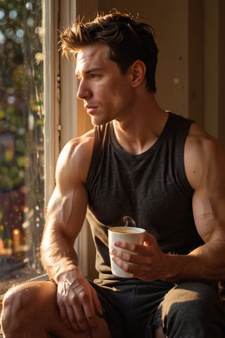 A young muscular man, cradling a steaming coffee cup in his hands, sits by the window, bathed in the warm glow of early morning light. The soft illumination casts a cozy ambiance as he gazes outside, lost in thought.