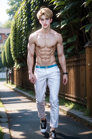 1male,blue eyes, handsome, no shirt, six packs, tight white pants, slender, 17 years old boy, blonde ,Detailedface, realistic skin, pale skin, black shoes, walking, 