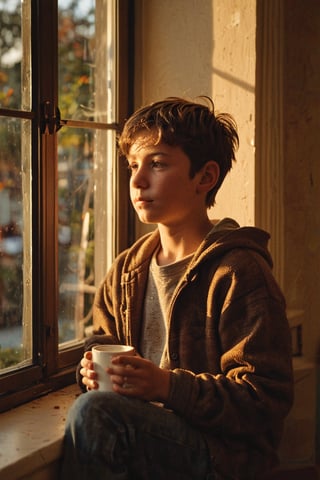 A young boy, cradling a steaming coffee cup in his hands, sits by the window, bathed in the warm glow of early morning light. The soft illumination casts a cozy ambiance as he gazes outside, lost in thought.