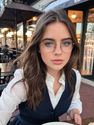 21 yo american instagram influencer, brunette, (wire rim glasses:1.4), [steel blue eyes], restaurant,dress_shirt
