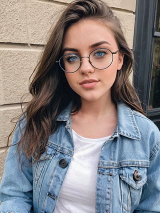 21 yo american instagram influencer, brunette, (wire rim glasses:1.4), [steel blue eyes], full body,light denim jacket, pump black 
