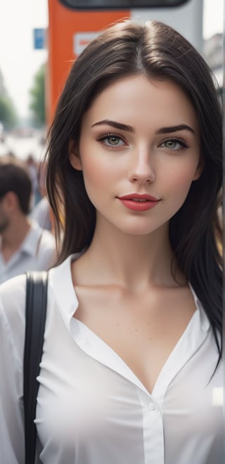 Sexy European girl, 28 years old, slightly freckled, black eyes, wet lips, black straight hair, white shirt, black skirt, in the middle of the busy and crowded city, at the bus stop, among the people at the stop, waiting for the bus to arrive ((wide perspective) , hyper realistic, ((wide perspective photography)) digital art, modern, stylish, highly detailed, colorful, smooth, attractive, beautiful, soft smile, soft lips, sexy, far angle, wide angle,