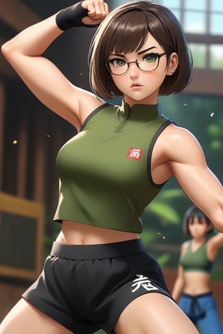 masterpiece, best quality, 1girl, frowning, wear glasses, Solo, brunette bob cut, freckle, full body shot, bare midriff, bellybutton, small breasts, petite, pettanko, sweating, complex background, looking away, short hair, parted lips, green eyes, high neck sleeveless crop top, short karate pants, fighting pose, battle stance, gi, kicking motion, wide angle lens,