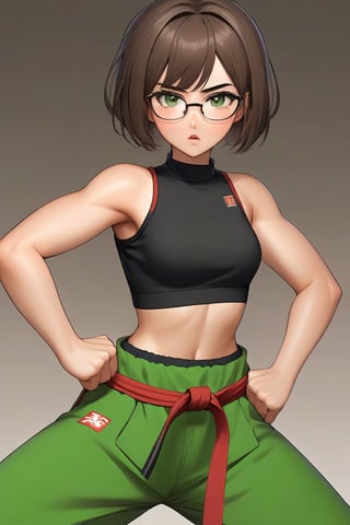 masterpiece, best quality, 1girl, frowning, wear glasses, Solo, brunette bob cut, freckle, full body shot, bare midriff, bellybutton, small breasts, petite, pettanko, sweating, complex background, looking away, short hair, parted lips, green eyes, high neck sleeveless crop top, short karate pants, fighting pose, battle stance, gi, kicking motion, wide angle lens,