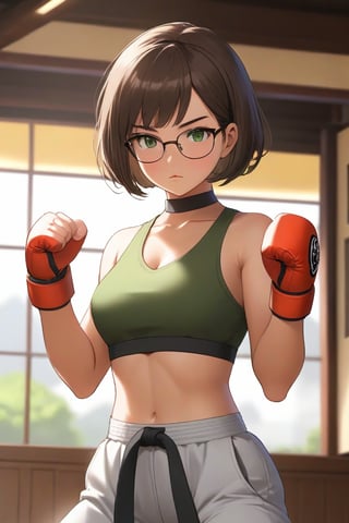 masterpiece, best quality, 1girl, frowning, wear glasses, Solo, brunette bob cut, freckle, full body shot, bare midriff, visible navel, small breasts, petite, pettanko, boob_window, complex background, looking away, short hair, parted lips, green eyes, high neck sleeveless crop top, karate pants, fighting pose, battle_stance, gi, innerboob, sweat, kicking motion, wide angle lens,