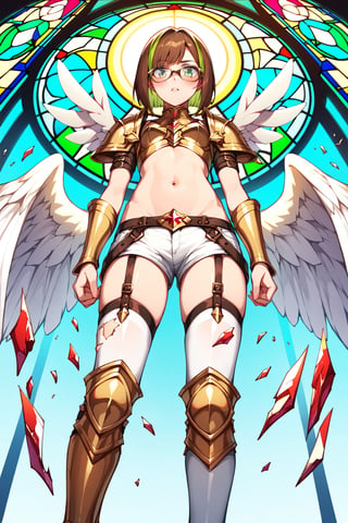 score_9,score_8_up,score_7_up, 1girl, short hair, looking at viewer, blush, bob cut, green eyes, brown hair with green highlights, wear glasses, full body shot, wearing only a gold armor and white shorts with white thigh highs, bare midriff, navel, groin, hipbones, angel wings, flapping wings, blessed, from below, light from above, angelical, descending from heaven, raising one hand, colorful broken stained glass windows background, beams of light passing through, broken glass shards, feathers, armor straps,