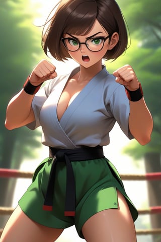 masterpiece, best quality, 1girl, frowning, wear glasses, Solo, brunette bob cut, freckle, full body shot, bare midriff, visible navel, cleavage, complex background, edges, looking away, short hair, parted lips, green eyes, open shirt, karate gi, innerboob, sweat, kicking motion, wide angle lens,